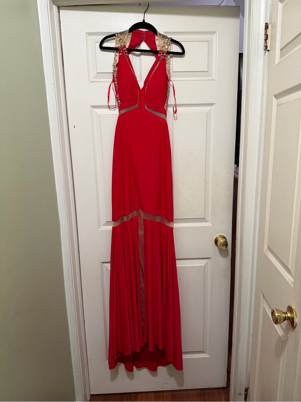 Dave & Johnny Red Cutout Prom Gown with Sheer Insets